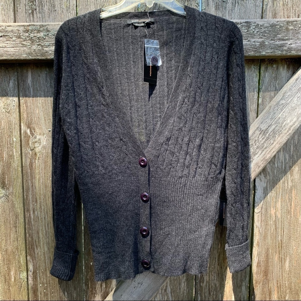 BCBG MAXAZRIA Charcoal cable rib knit button front long sleeve fitted cardigan
